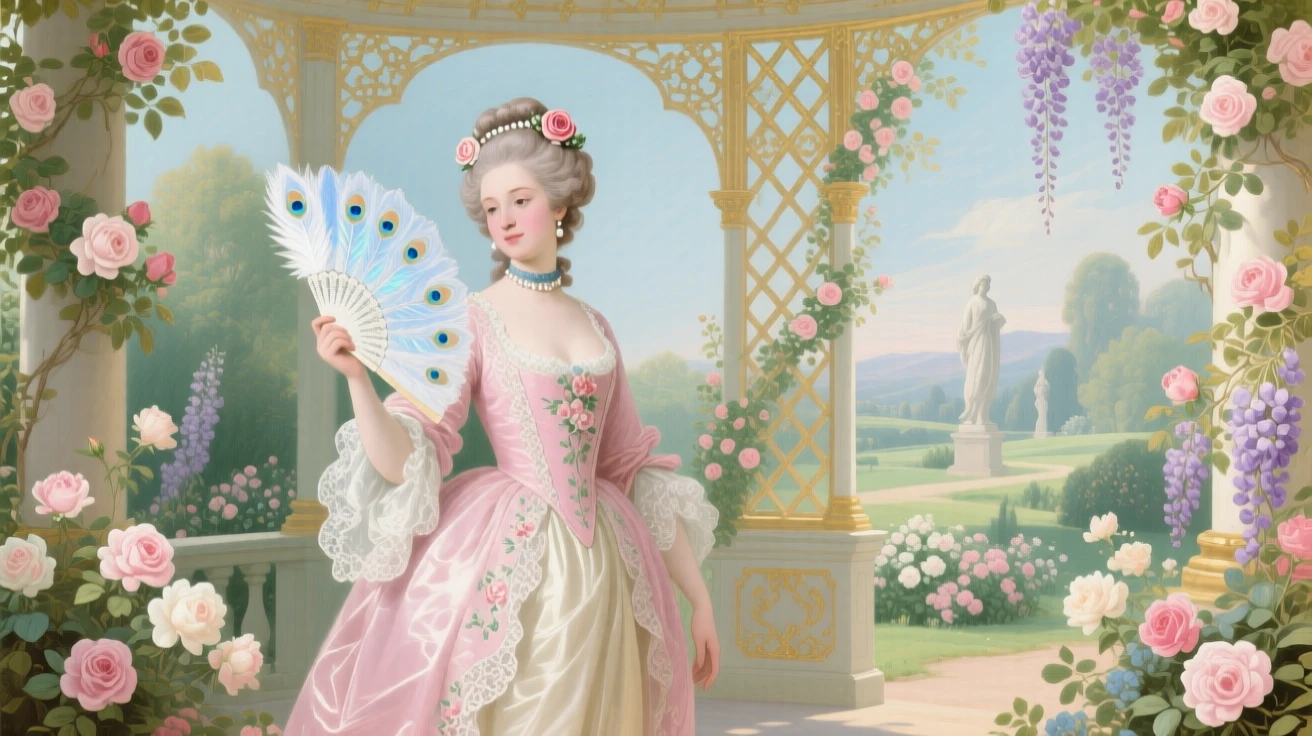 A lady holding a white peacock feather fan in a garden pavilion  