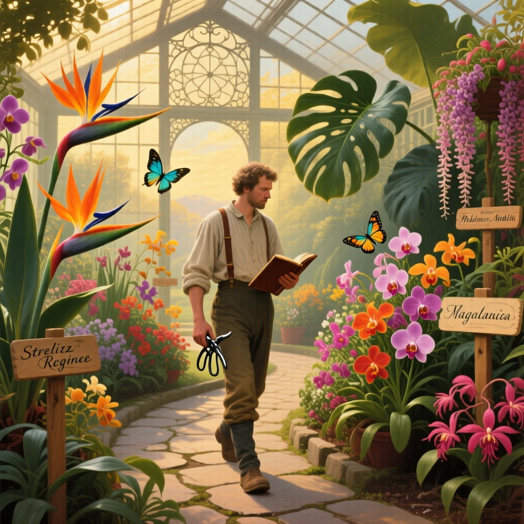 A gardener wanders the paths of a sunlit greenhouse full of exotic blooms as butterflies drift past.