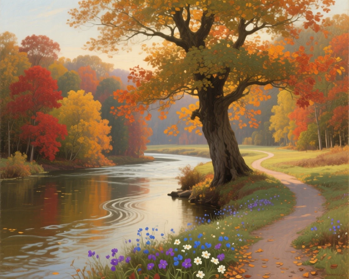 A winding river cutting through autumn forests ablaze with color alive with the quiet motion of wind and water, set within reach of a winding country path, with wildflowers scattered like scattered jewels across the green; a single striking element anchors an otherwise open, breathing composition, suggesting harmony between the natural world and the soul.