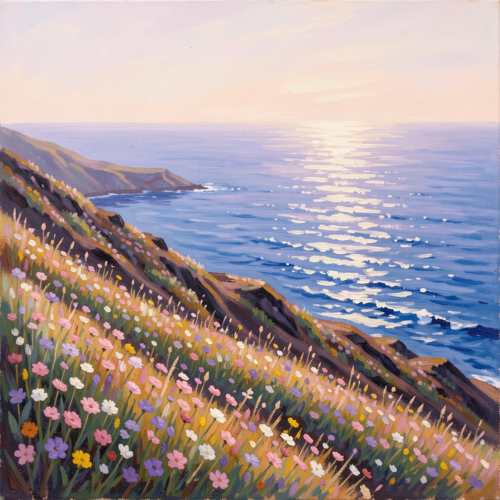 A wildflower-covered volcanic hillside on a Mediterranean island overlooking a deep blue sea.