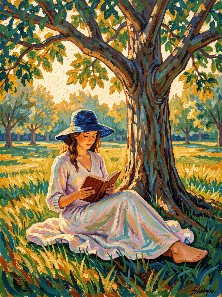 A woman in a wide-brimmed hat reading beneath a tree in a sunlit park.