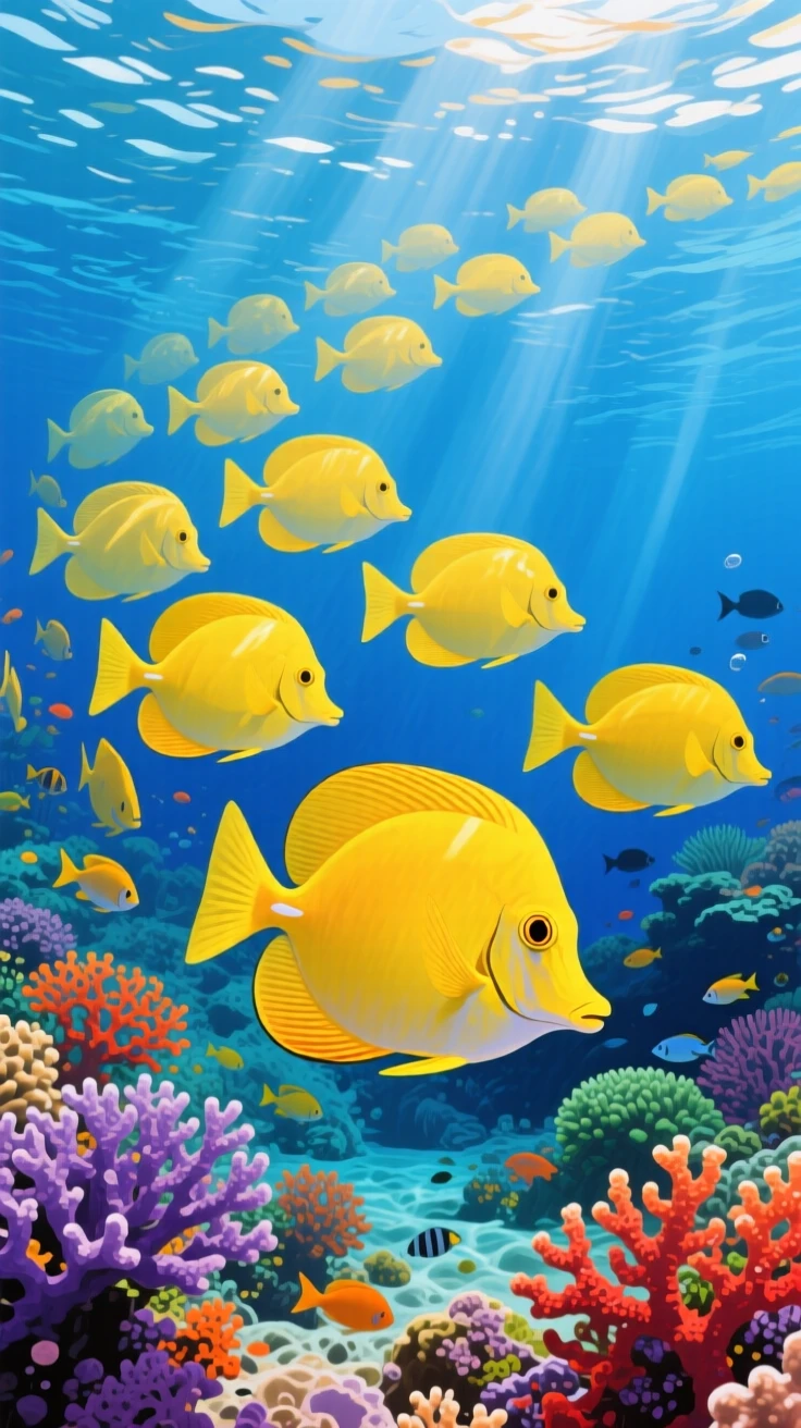 A vibrant school of yellow tang fish moves in perfect synchronization over a Hawaiian reef, their bright color contrasting against deep blue water, its expression conveying a quiet intelligence as it surveys the world around it.