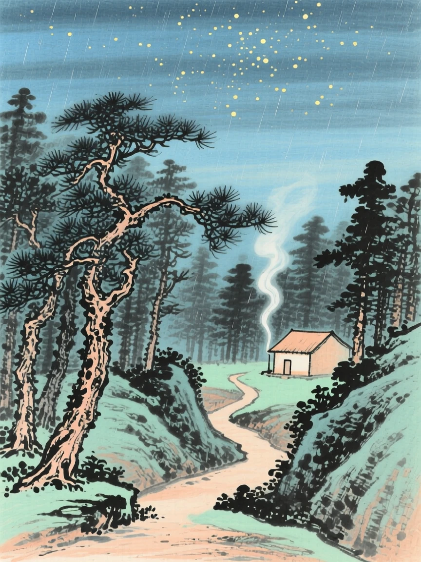 A narrow mountain path winding through pine forest, with a thin trail of smoke rising from a distant hut, under a sky full of stars, beneath a sky washed clean by rain.