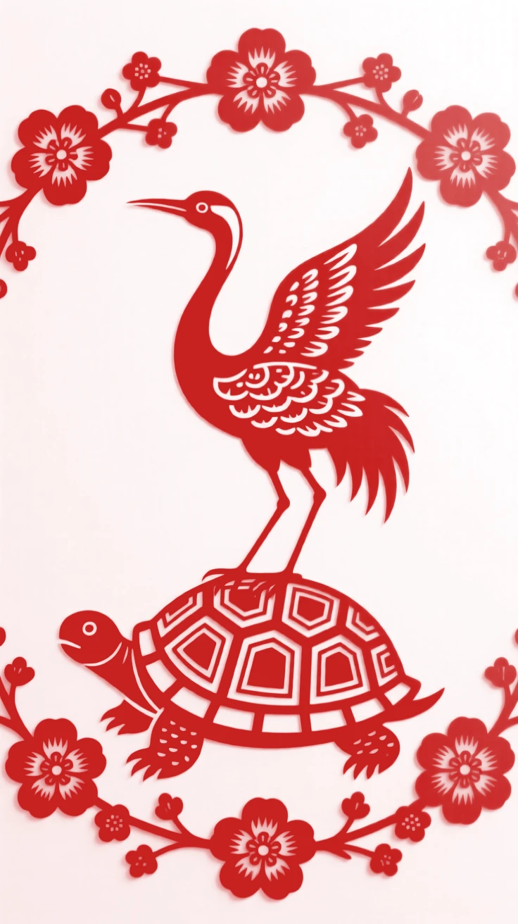 A crane standing on a tortoise's back, surrounded by a ring of small blossoms, a design meant to welcome abundance into the home.