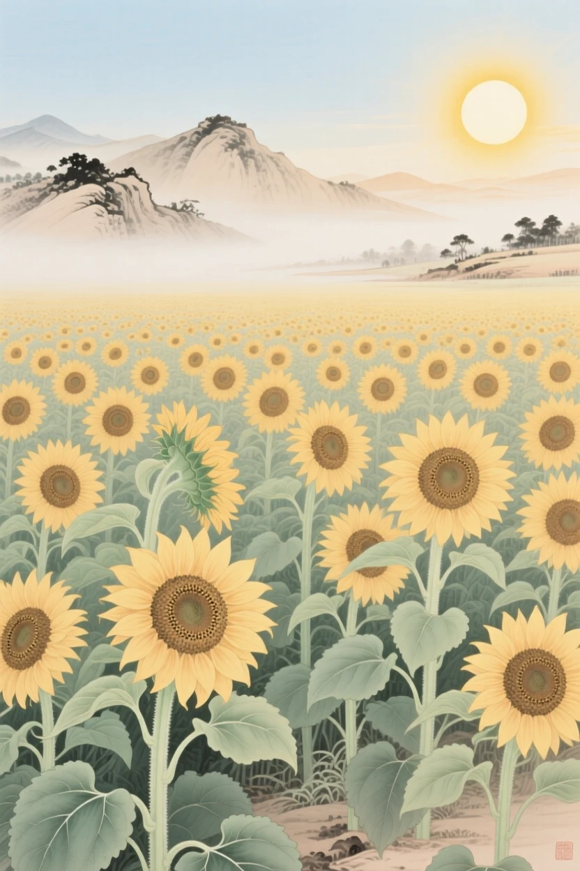 A field of sunflowers turning to face the summer sun, with distant mountains fading into soft mist