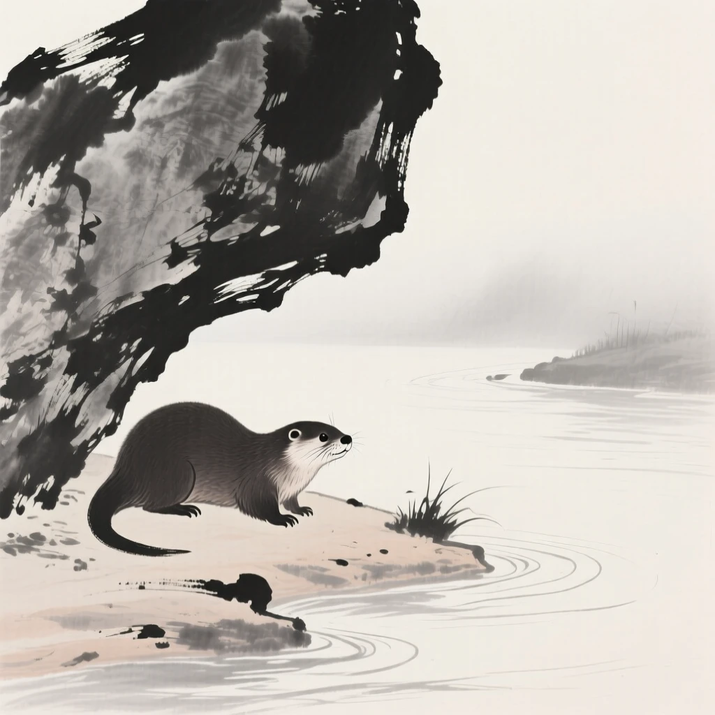 An otter sheltering beneath overhanging rock along the bank of a quiet river, viewed through a gentle veil of morning mist, capturing a fleeting, tender moment of wild life.
