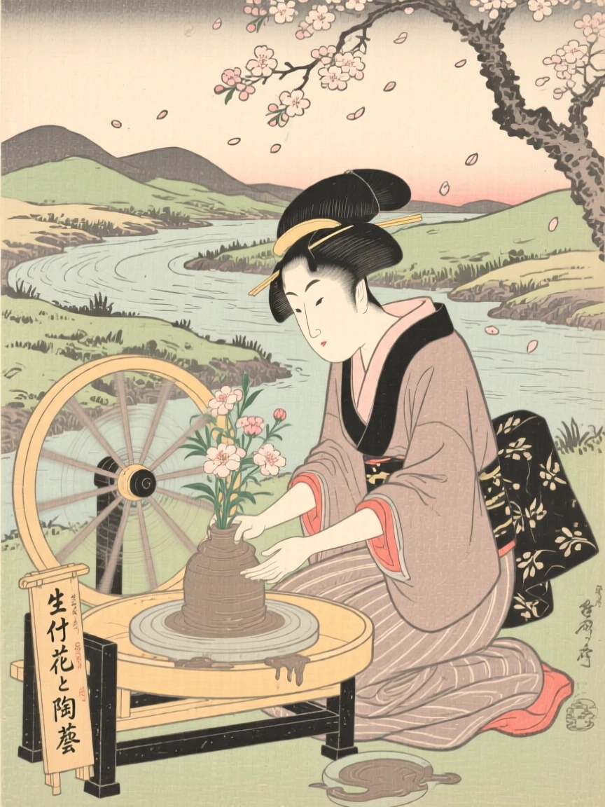 An ikebana flower arranger shaping wet clay on a spinning wheel.