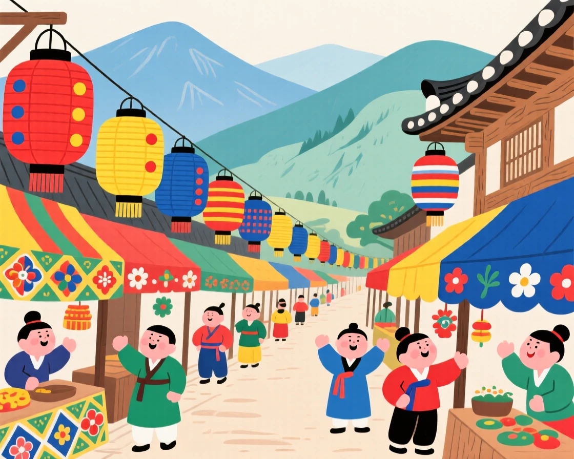 A traditional market street lined with paper lanterns nestled among distant mountains.