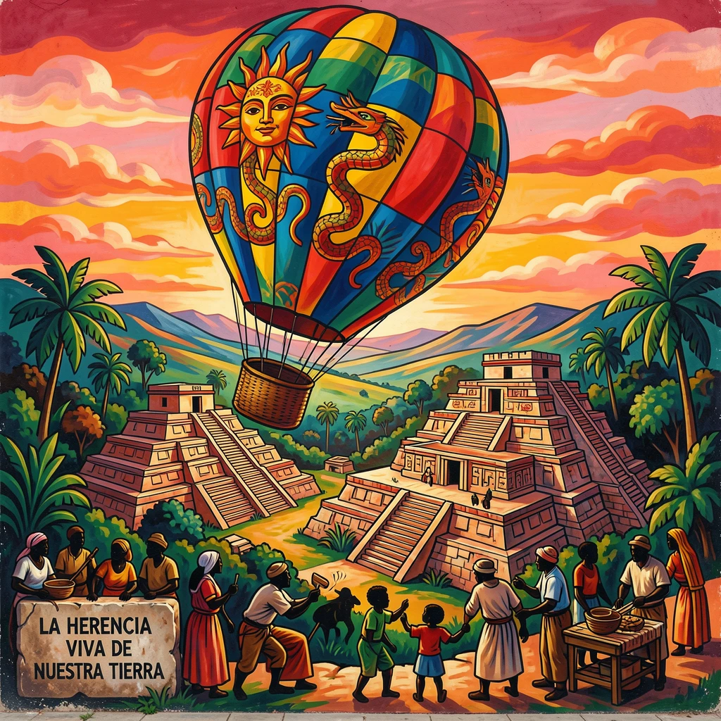 A hot air balloon drifting over a valley of ancient ruins