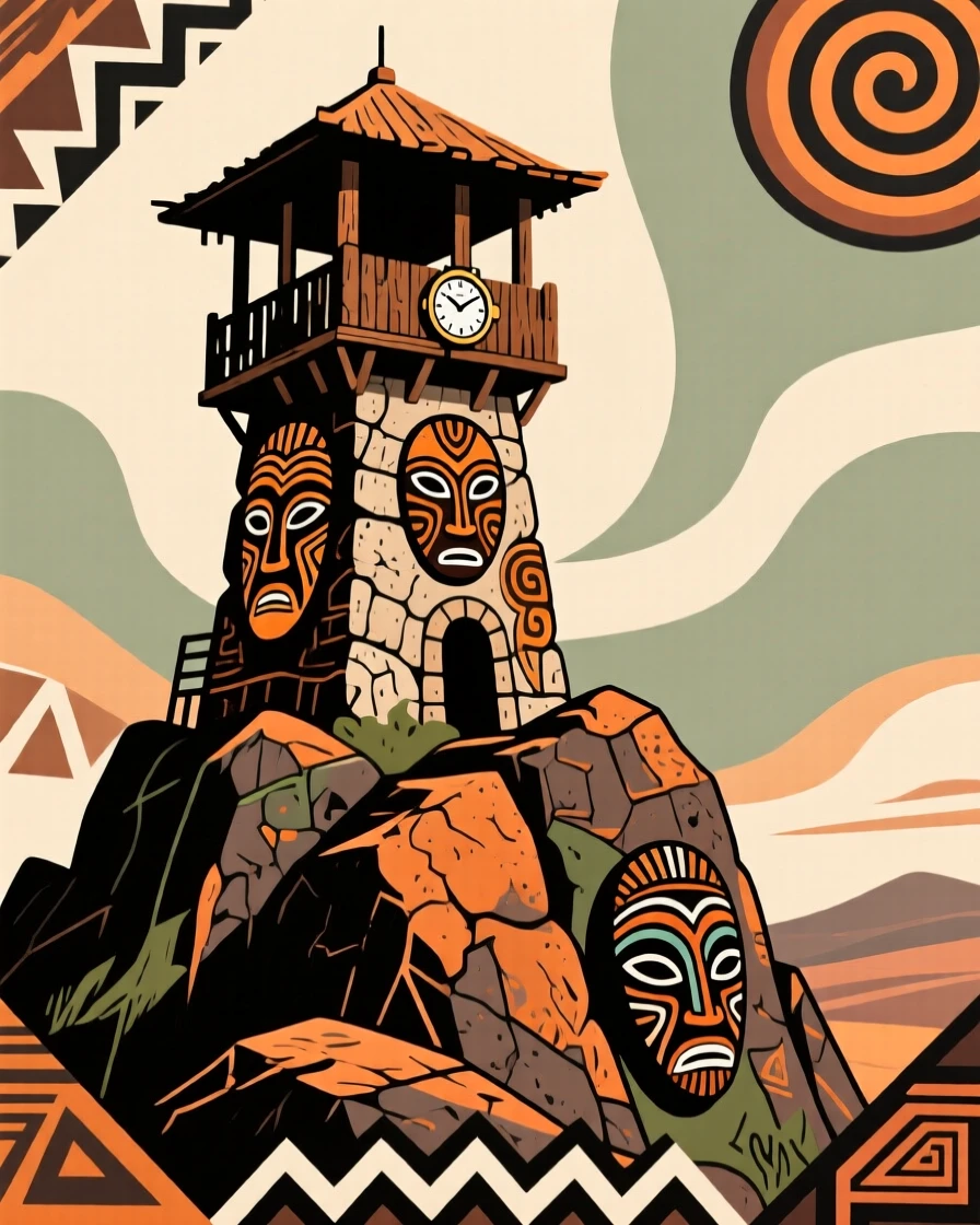 A weathered watchtower perched on a rocky hillside.