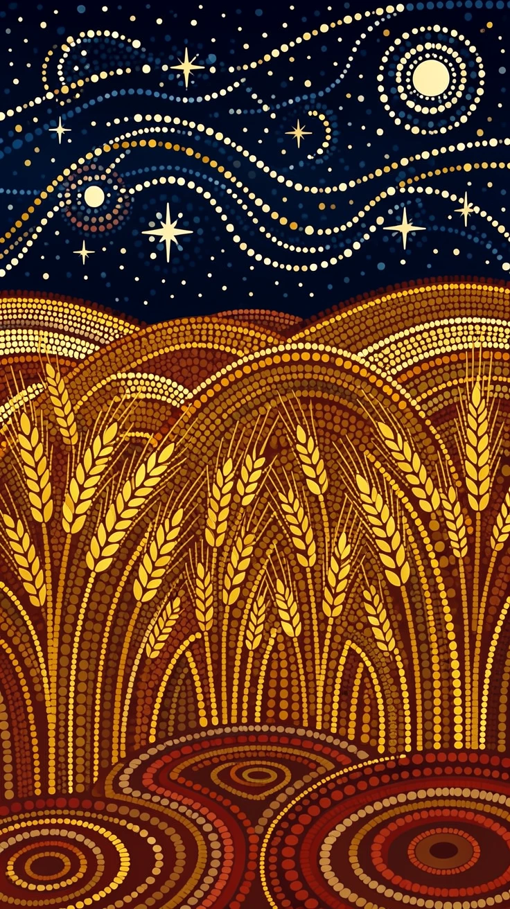 Golden wheat fields beneath a starry night sky