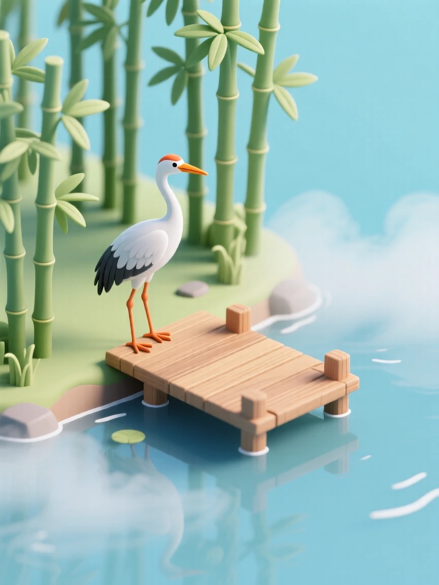 A tranquil bamboo lake shore with a small wooden dock, mist rising off the water, and a crane standing gracefully at the water's edge.
