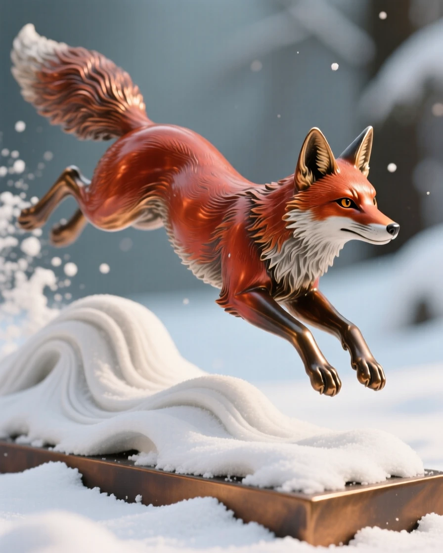 A red fox leaping through fresh powder snow, with striking, expressive eyes, evoking wonder and majesty