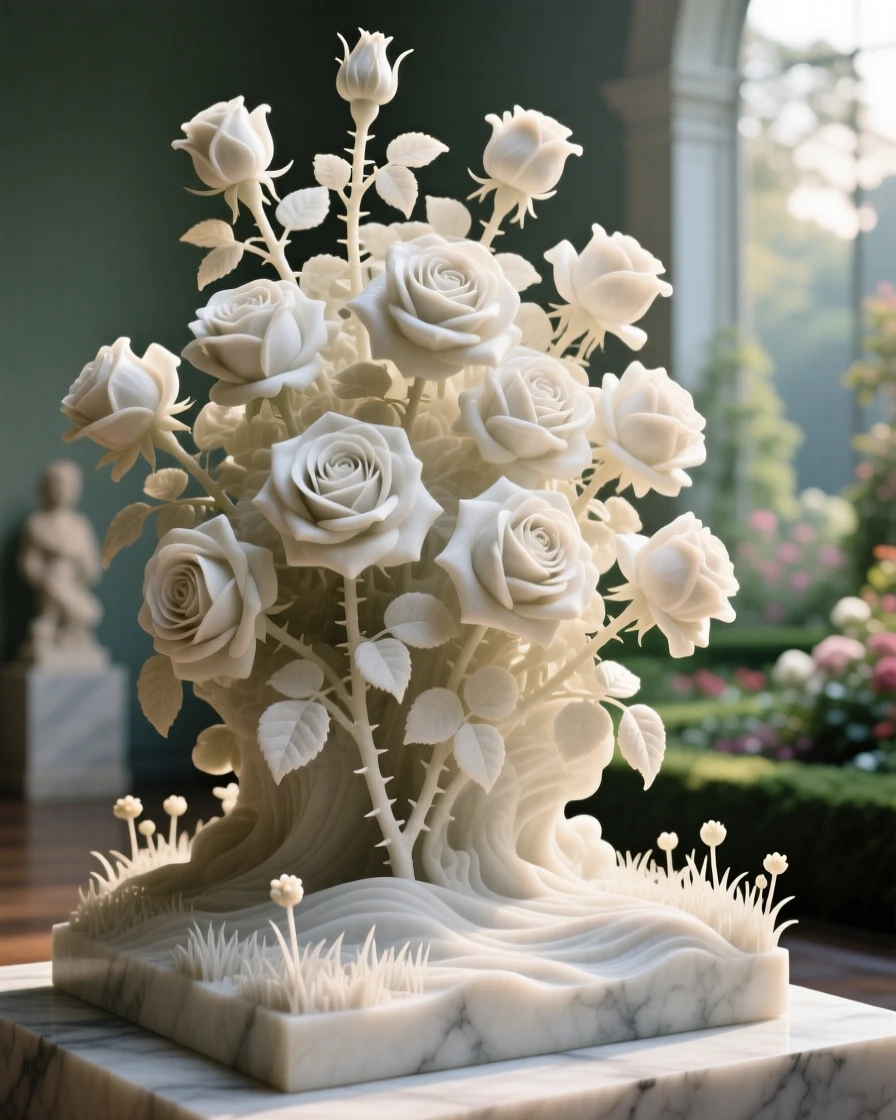 A breathtaking view of a rose garden glowing in soft morning light, rich with color and atmosphere, evoking peace and wonder