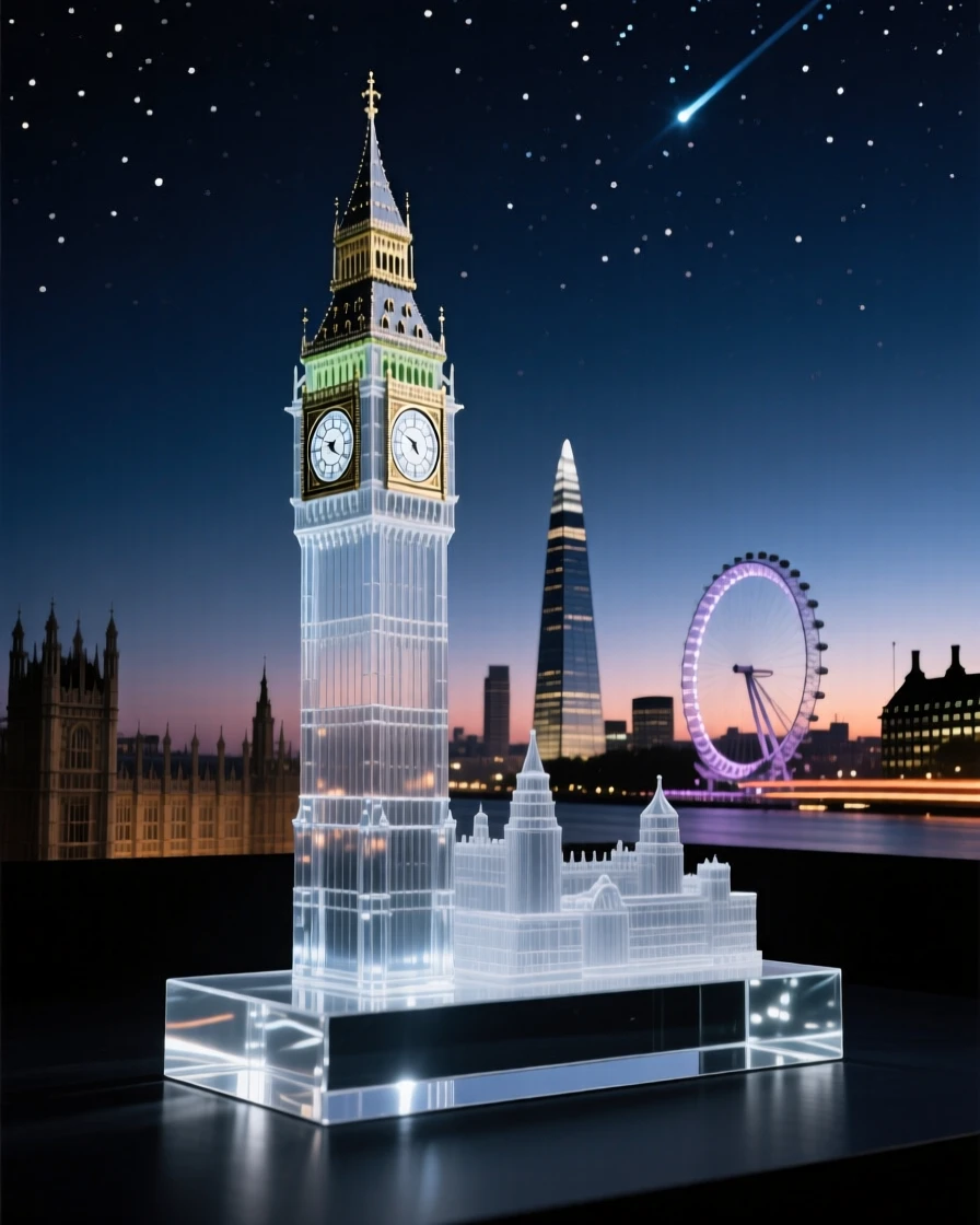 Big Ben and the London skyline at twilight under a starry night sky, long soft light trails in the distance, composition emphasizing scale and grandeur.