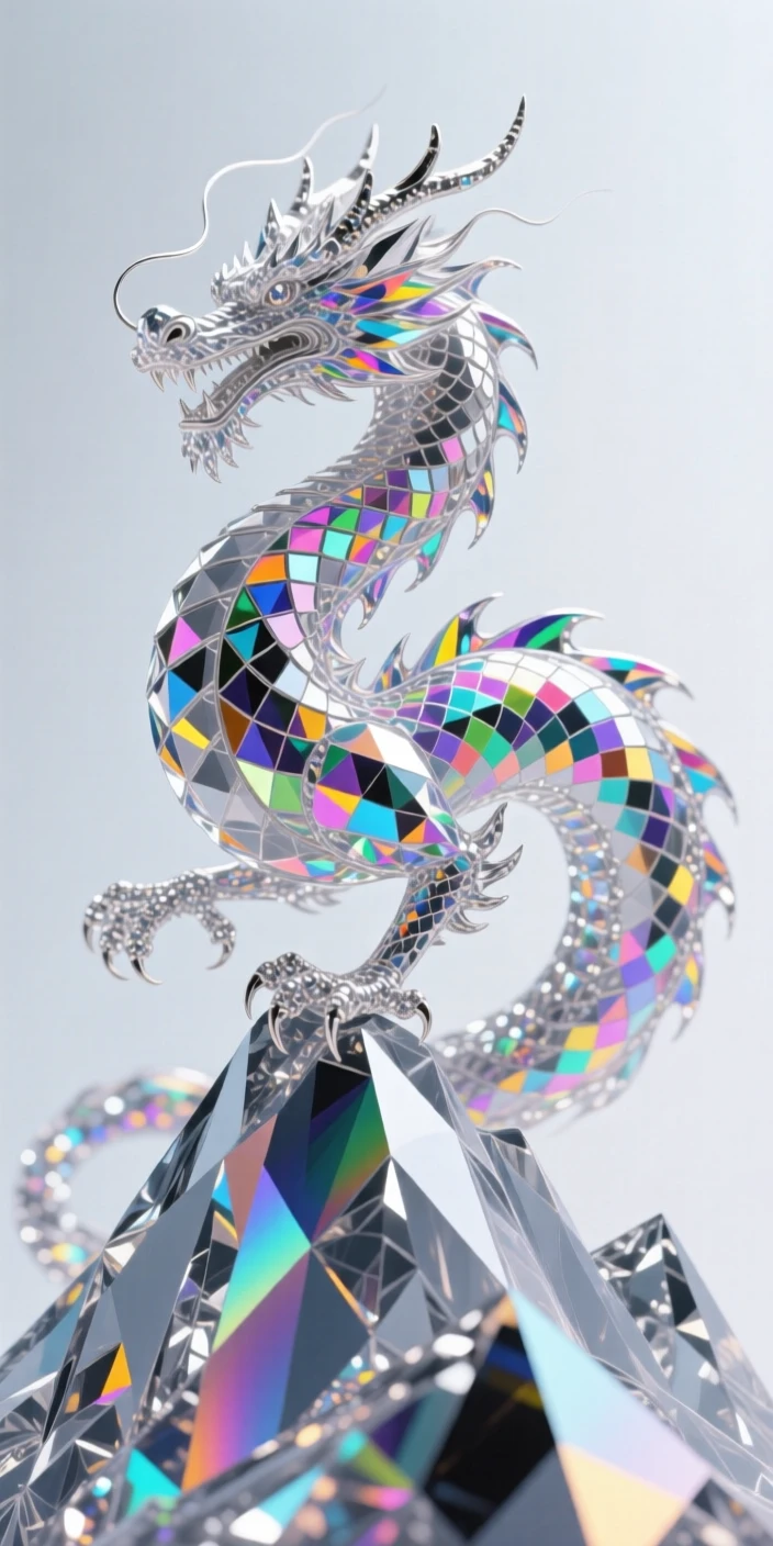 A dragon's scale shimmering in rainbow colors as it basks atop a mountain peak.