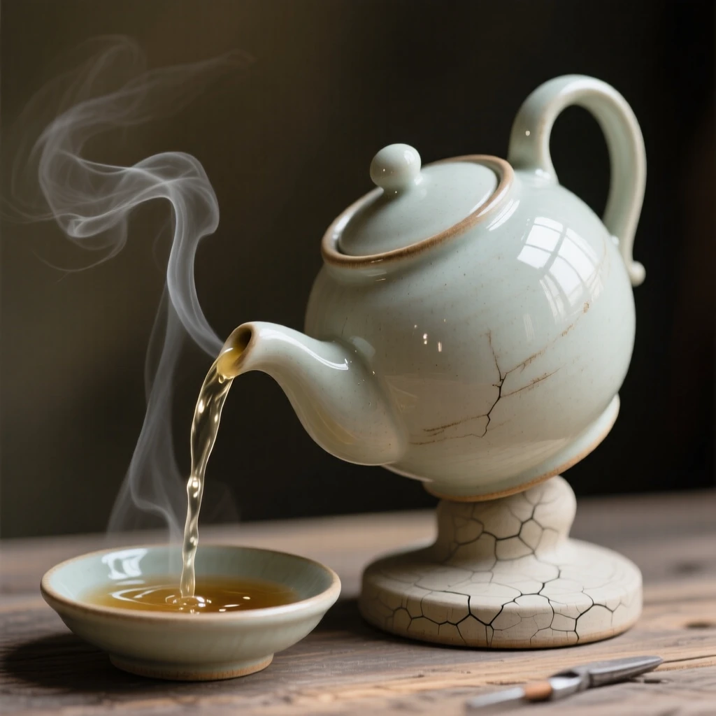 A classic teapot pouring a graceful stream captured mid-use in a nostalgic tableau, with fine details catching every glimmer of light, capturing beauty in the overlooked and ordinary.