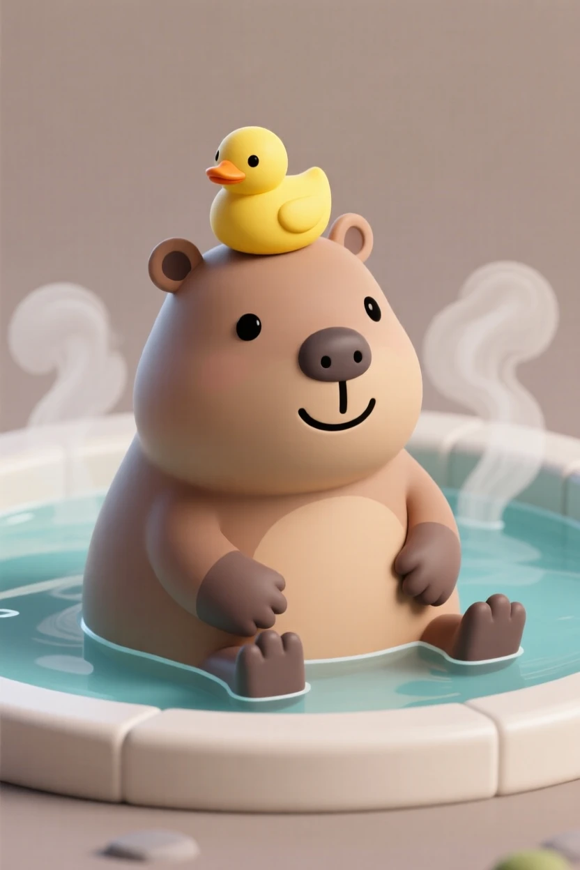 A playful capybara relaxes in a hot spring, a small yellow duckling perched calmly on its head.