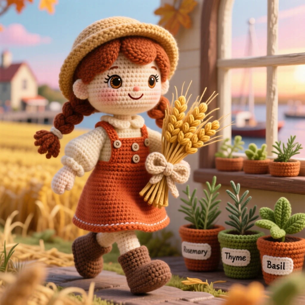 a young harvest farmer girl, with a bundle of wheat in her arms, is captured walking through a golden autumn field in a small harbor town at sunrise beside a potted herb garden on the sill, radiating cheerful industriousness and community spirit.
