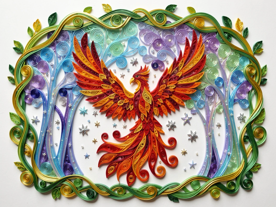 A magical fantasy scene of a phoenix rising in a burst of fiery feathers beneath a canopy of glowing luminescent trees, with shimmering starlight reflected on every surface, framed by an arch of twisting glowing vines.