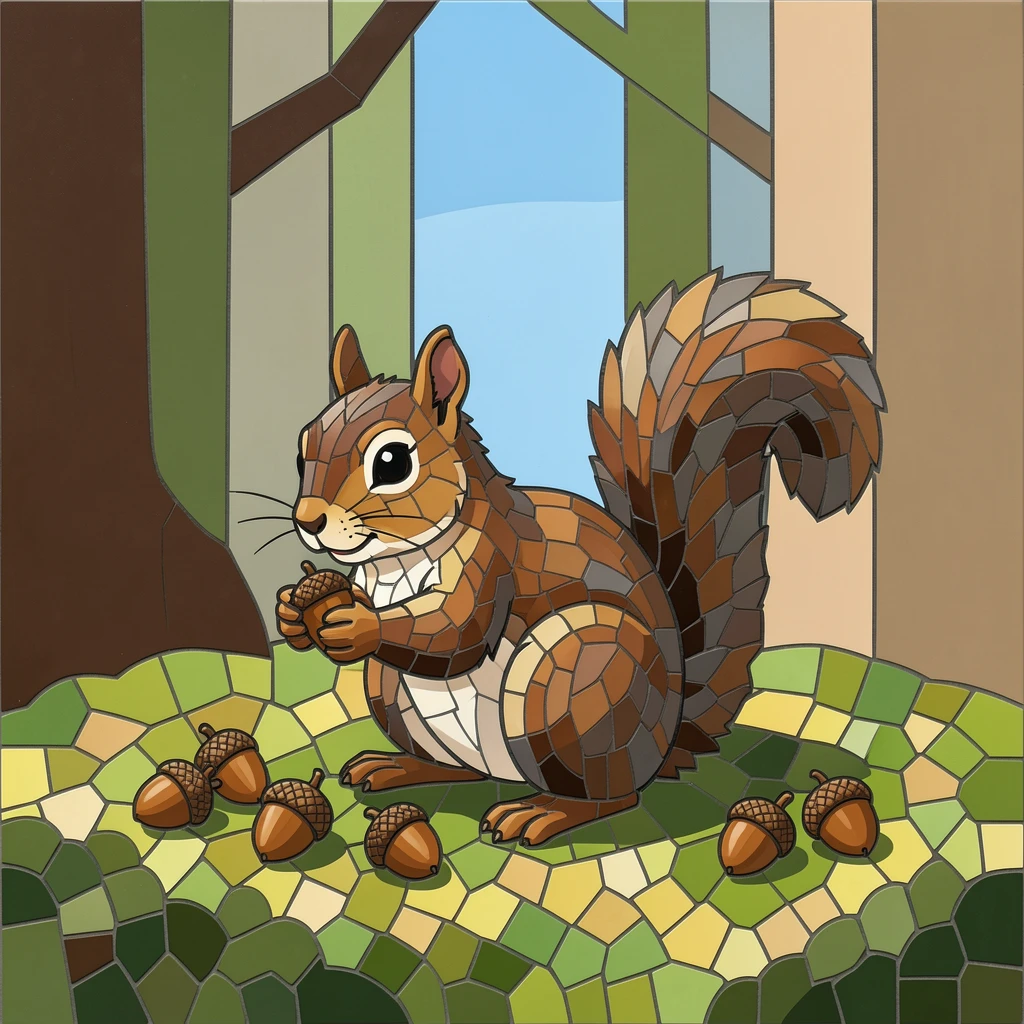 A squirrel gathering acorns on a mossy forest floor.