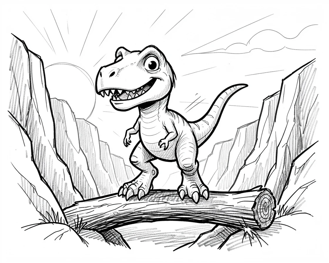 A dinosaur balancing on a log in a canyon at sunrise.