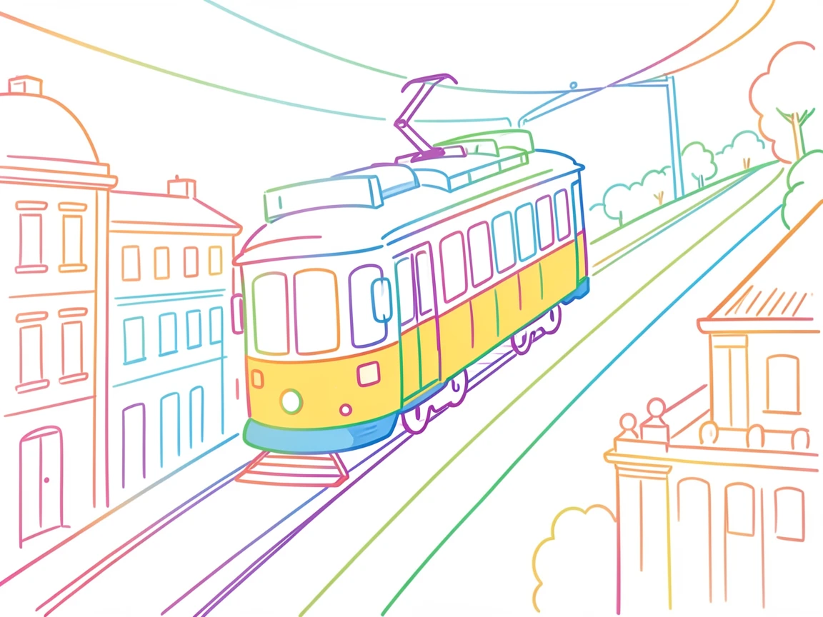 A colorful tram climbing a steep hill in Lisbon.