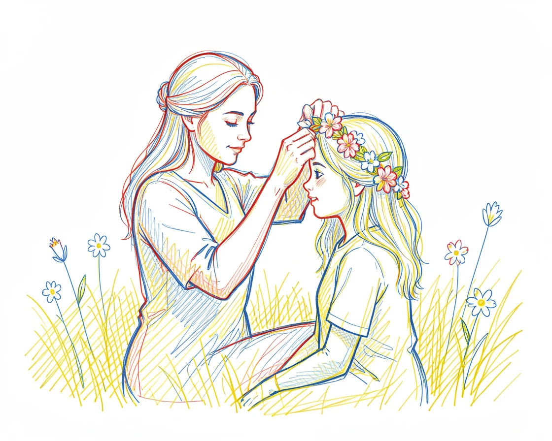 A mother braiding flowers into her daughter's hair in a spring meadow