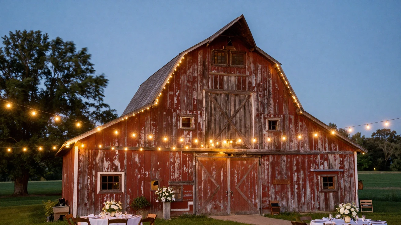 A rustic barn illuminated by string lights at a wedding