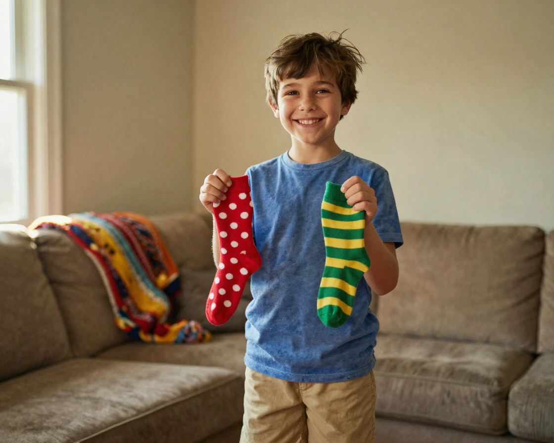 A boy proudly wears mismatched socks he picked out himself.