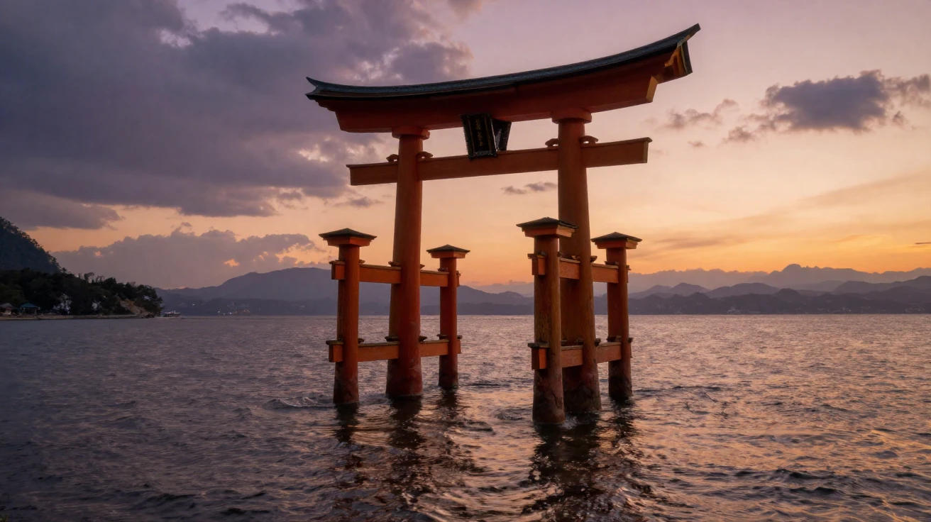 A traditional torii gate standing in shallow water off the coast of Japan
