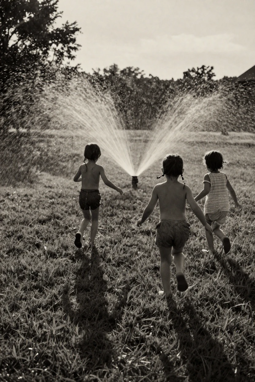 Children running through a sprinkler on a sunlit lawn, in low lamplight, as mist rises off the ground, in summer, with stark black-and-white contrast softened by a single warm hue, from behind, looking toward the horizon.