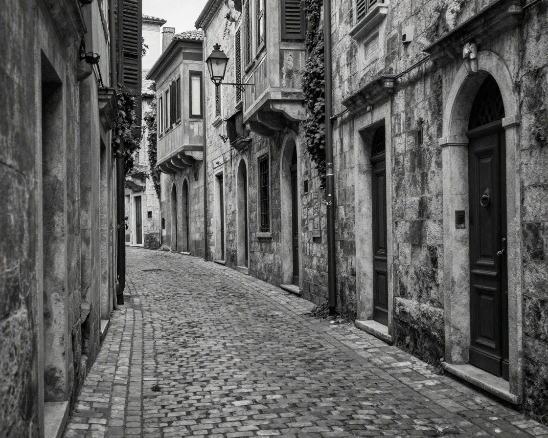 A narrow cobblestone alley winds between weathered stone buildings in the heart of an old European city.