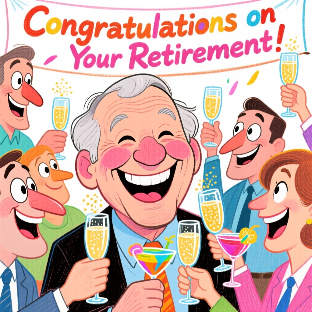 A retirement party with coworkers raising glasses in a toast to a smiling honoree.