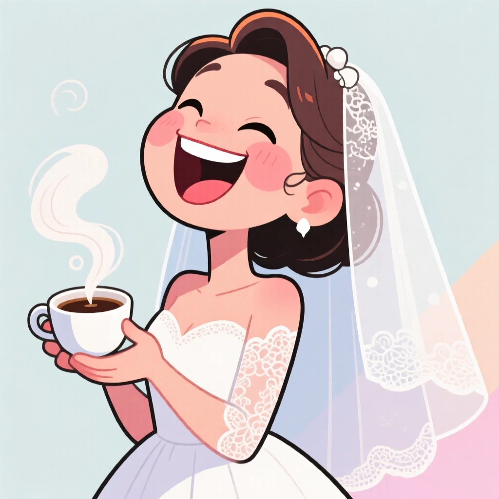 A charming portrait of a beaming bride, throwing their head back in hearty laughter, holding a steaming cup of coffee.