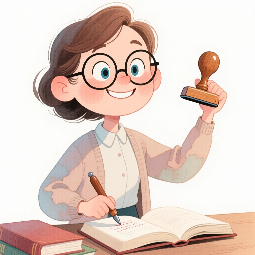A librarian confidently at work, tools of the trade in hand