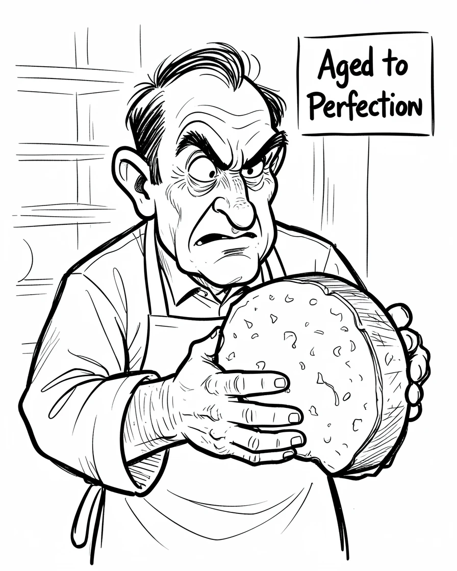 [Occupations & Hobbies] Detailed scene of a passionate cheesemaker inspecting a wheel of aged cheese, showcasing skill and dedication