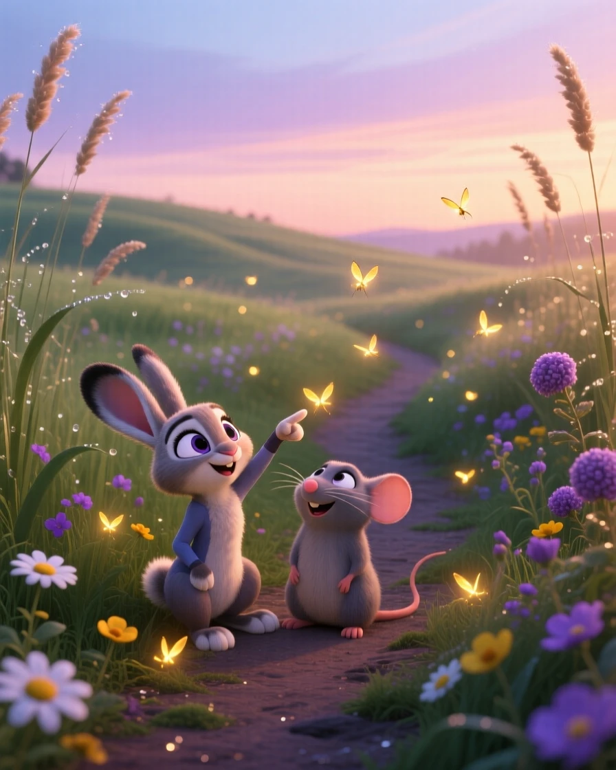 A meadow at first light glows as fireflies begin to flicker in the twilight, with a narrow path winding through the scene. A calming stillness settles over the landscape.