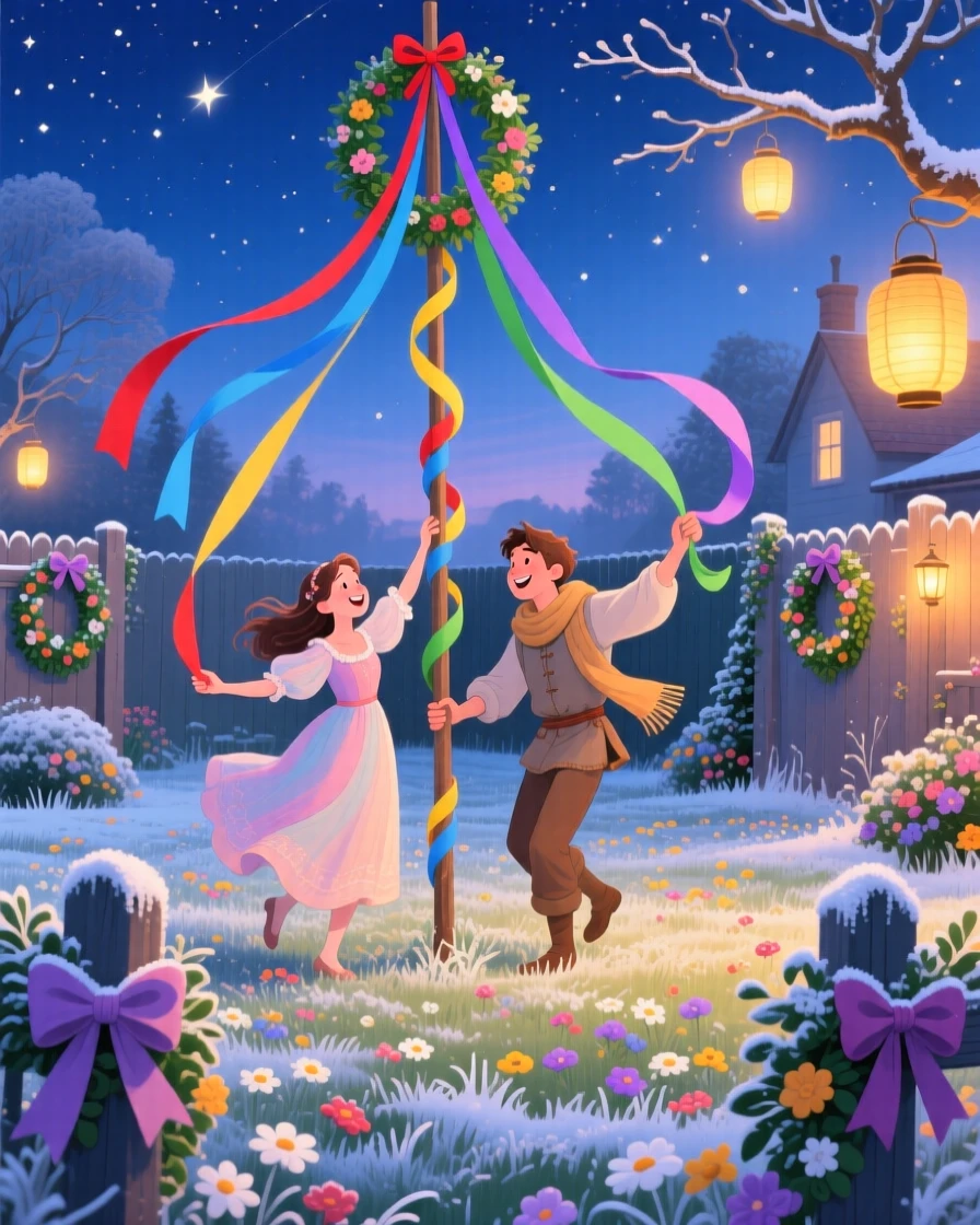 A young couple spend the evening dancing around a maypole in a flower-filled meadow in a frosty backyard, while ribbons and bows decorate every corner.