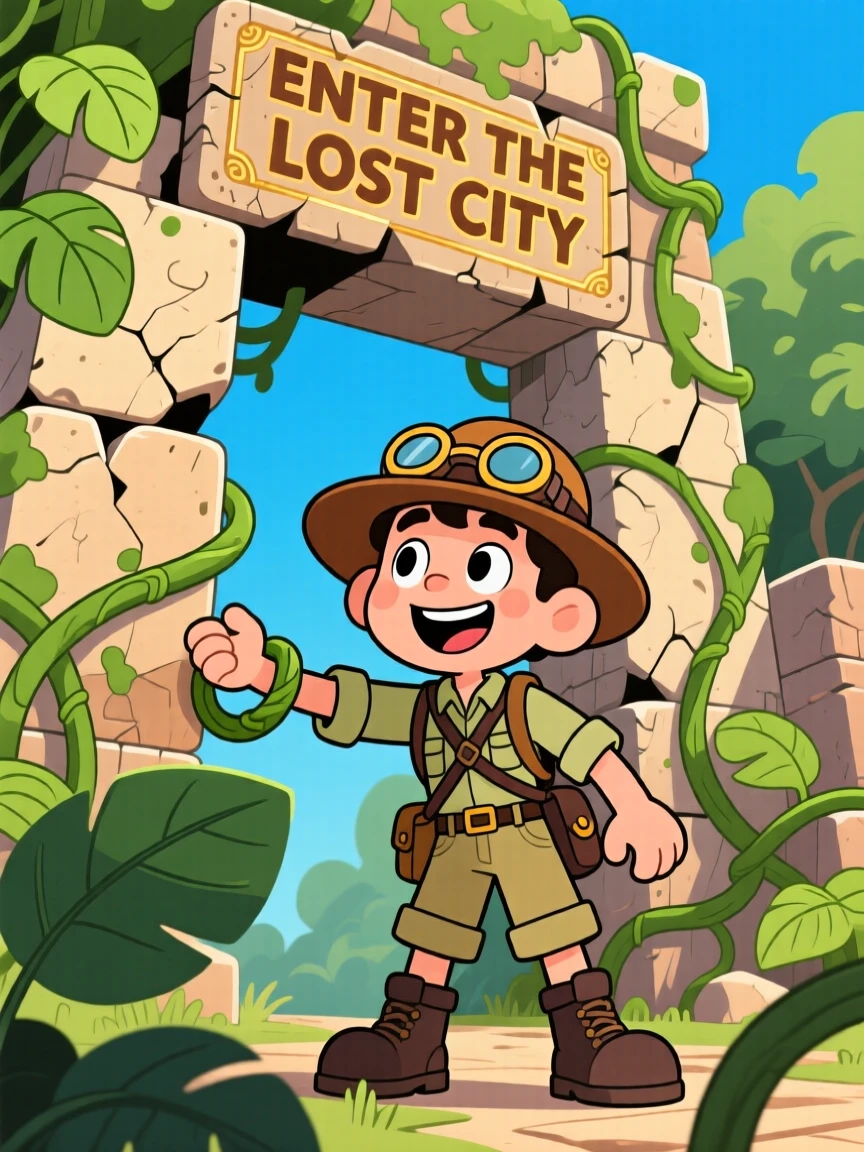 An explorer discovering ancient ruins covered in vines.