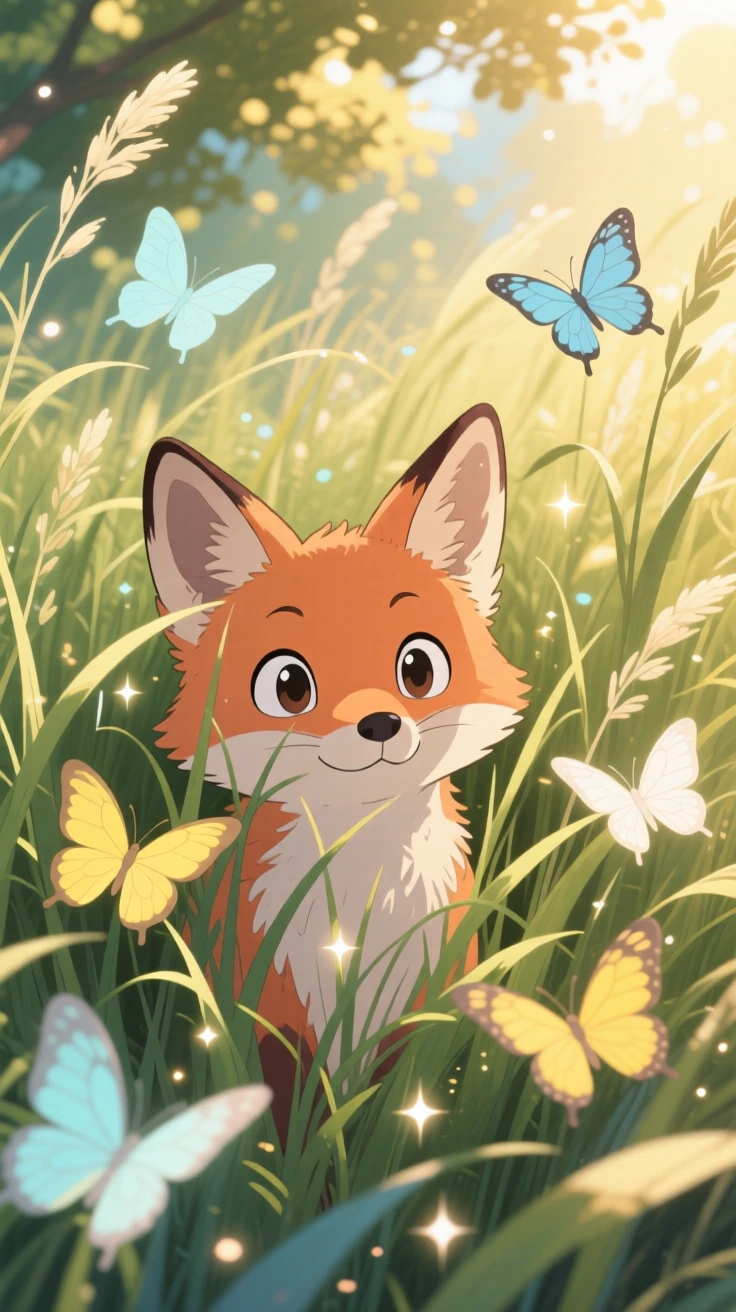 A small fox curiously peeking out from tall grass, as butterflies flutter past, radiating pure charm.