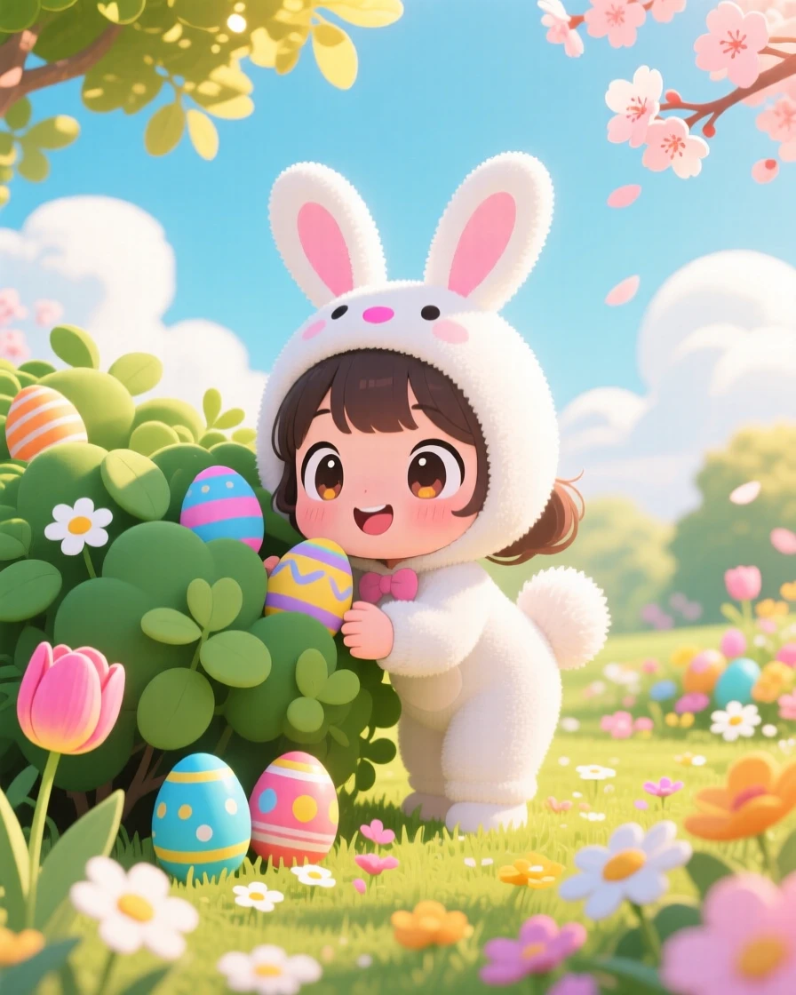 Silhouette composition: a young girl in a bunny costume, hiding painted eggs behind a bush, set against a blooming spring garden beneath fluffy drifting clouds, with warm morning light filtering through leaves and a mood of curious excitement.