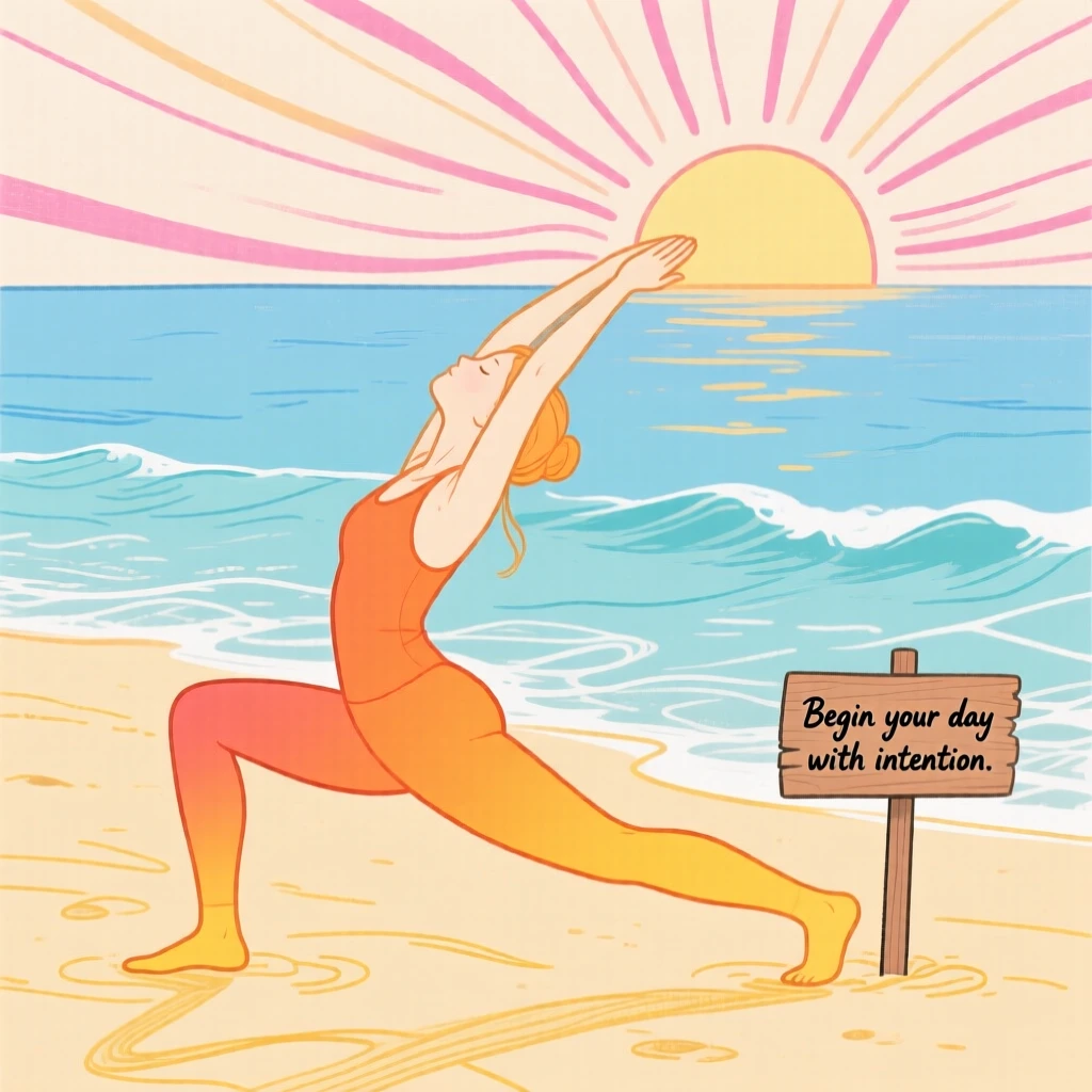 A yoga practitioner stretching on a beach at sunrise.