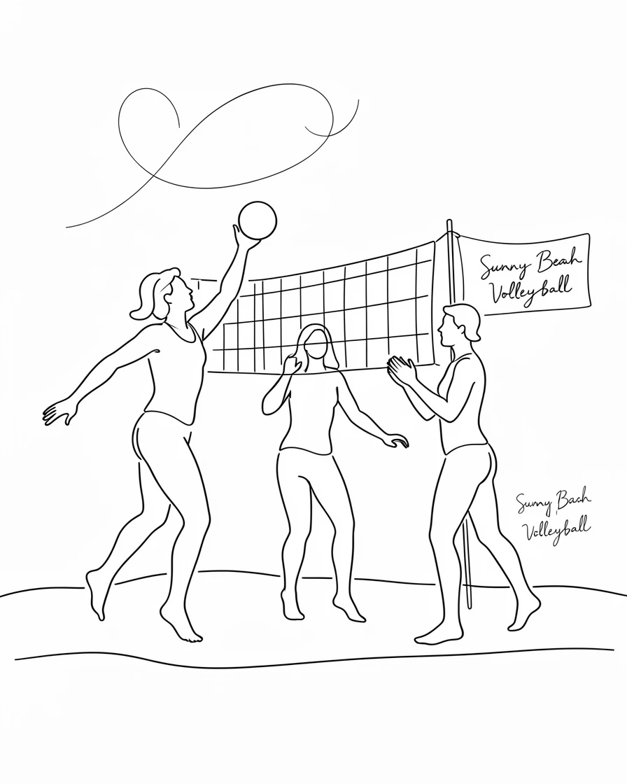 A group of friends playing beach volleyball on a sunny shoreline