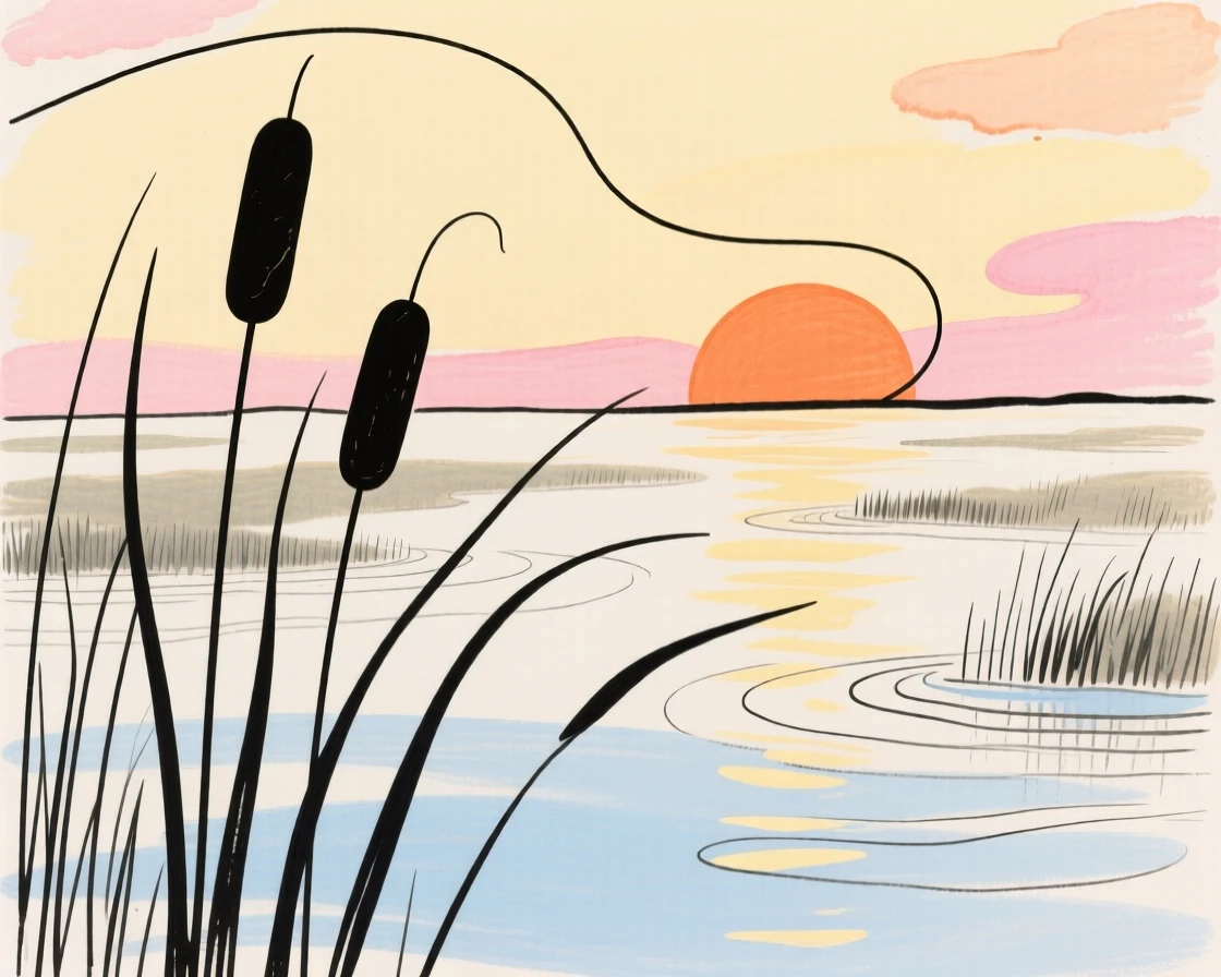 A cattail marsh at sunset