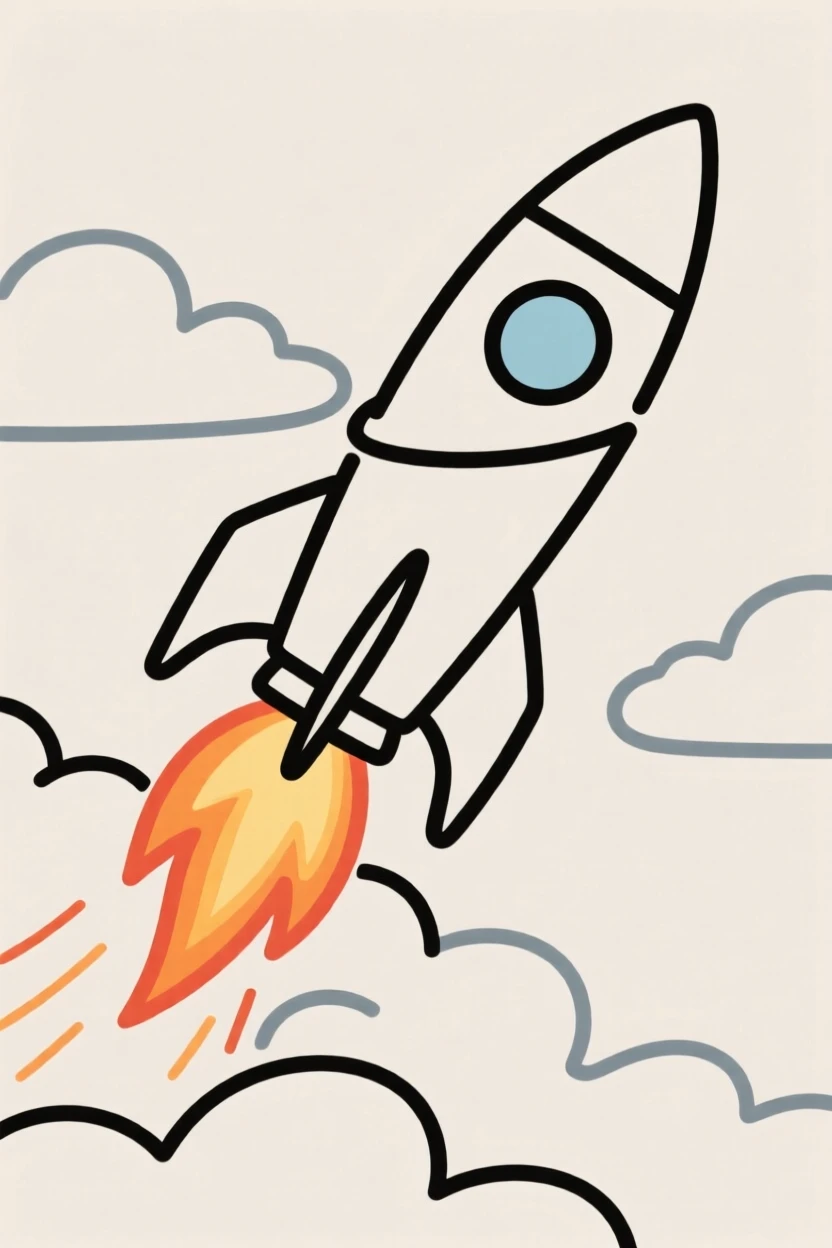 A rocket streaking upward leaving a fiery trail through the clouds.