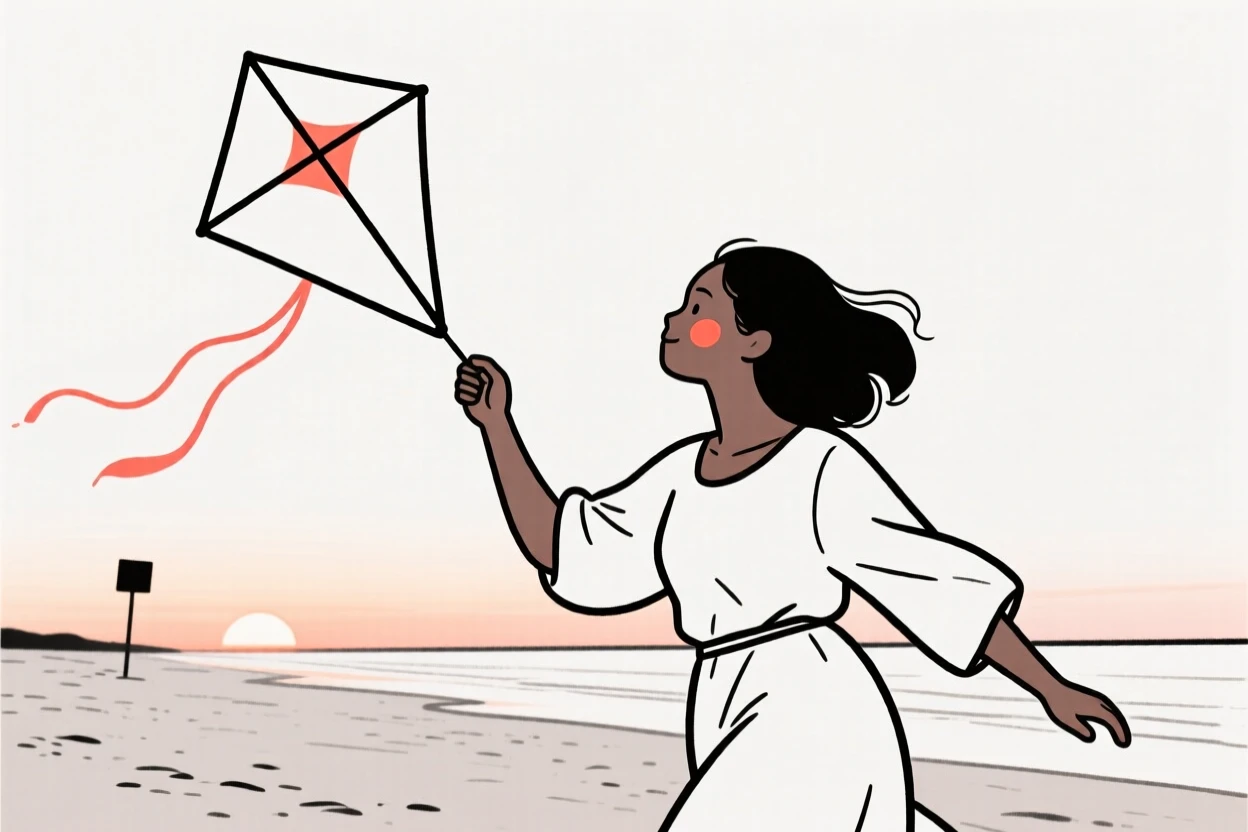 A grown woman of Jamaican heritage flying a kite on a windy beach, on a sandy beach at sunset.
