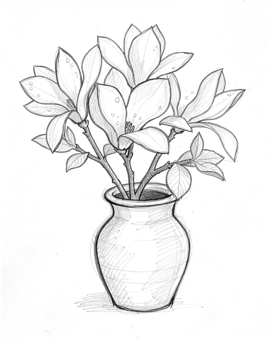 A blooming magnolia branch in a rustic ceramic vase, with dew still fresh from morning.