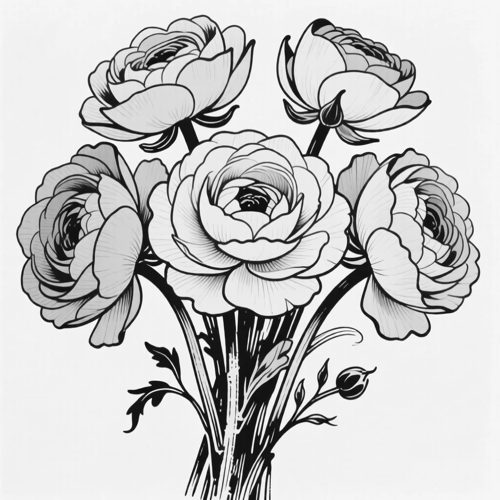 A bouquet of ranunculus in soft layered petals of pink and cream.