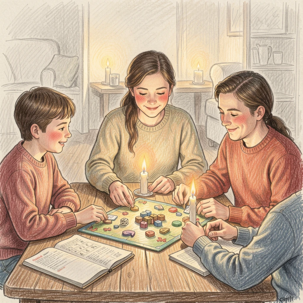 A family gathered around a table playing board games by candlelight, with tender, candid details that feel true to life, full of tenderness, love, and quiet happiness.